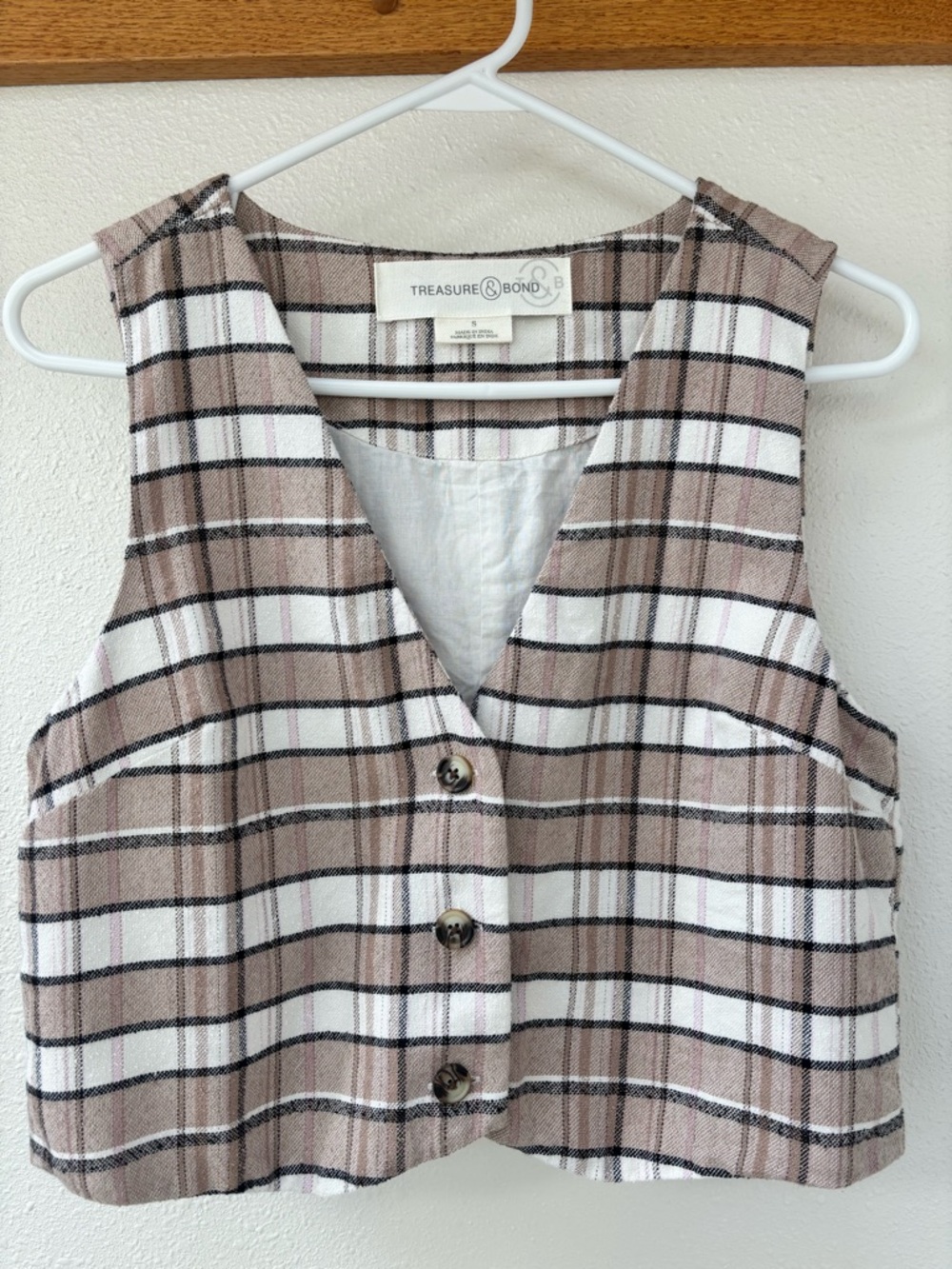 Treasure & Bond Plaid Button-Front Vest - Taupe, Black & White
